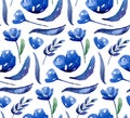 Blue flowers pattern. Watercolor navy floral Royalty Free Stock Photo