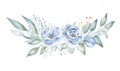 Blue flowers and plant twigs hand drawn aquarelle illustration