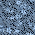 Blue flowers on tiger wild skin leather seamless pattern