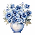 Watercolor Blue Flower In Vase: Accurate And Detailed Nostalgic Illustration Royalty Free Stock Photo