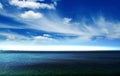 Blue fluffy cloudy sky at sea ocean water wave and skyline nature background Royalty Free Stock Photo