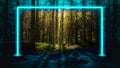 Blue fluorescent neon laser lights in green magical forest landscape.