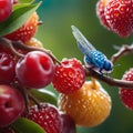 blue fly on a strawberry branch