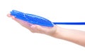 Blue fly swatter in hand Royalty Free Stock Photo