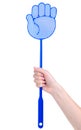 Blue fly swatter in hand Royalty Free Stock Photo