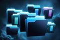 blue folders of different shapes and sizes storing information on computers and servers- data protection concept