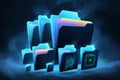 blue folders of different shapes and sizes storing information on computers and servers- data protection concept