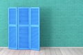 Blue Folding Wooden Dress Screen in front of Aquamarine Brick Wall. 3d Rendering