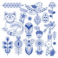 Blue folk finnish. Swedish design borders, ornament scandinavian folklore art. Rustic decor, nordic nature floral