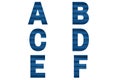 Blue font Alphabet a, b, c, d, e, f made of painted shutter or roller blind.