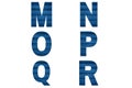 Blue font Alphabet m, n, o, p, q, r made of painted shutter or roller blind.