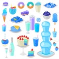 Blue food vector bluish cake with blueberry and sweet dessert with blueish drinks illustration cyan set of aquamarine Royalty Free Stock Photo