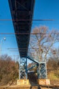 Blue footbridge over railroad
