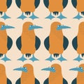 Blue-footed boobies hand drawn vector illustration. Adorable colorful birds in flat style seamless pattern for children fabric.