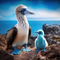 Blue footed booby with chick in the Galapagos