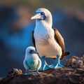 Blue footed booby with chick in the Galapagos