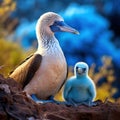 Blue footed booby with chick in the Galapagos