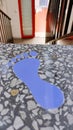 Blue footprint on stairs open doors new way new period go on go forward Royalty Free Stock Photo