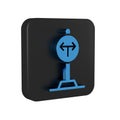 Blue Fork in the road icon isolated on transparent background. Black square button. Royalty Free Stock Photo