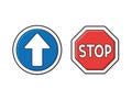 Blue forward direction arrow and stop traffic signs