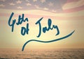 Blue fourth of July graphic against horizon and american flag