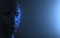 Blue fragment of a cyborg head construction, abstract human head and face. 3d render. Artificial intelligence concept