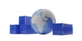 Blue freight or cargo shipping containers with blue globe over white background, worldwide transportation or shipment concept