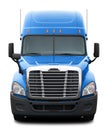 Blue Freightliner Cascadia truck with black plastic bumper.