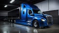 Blue Freightliner Truck Parked in Garage. Generative Ai