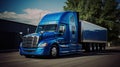 Blue Freightliner Truck Parked Next to Building. Generative Ai