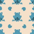 Blue frogs and water lilies hand drawn vector illustration. Funny animal character in flat style seamless pattern for kids. Royalty Free Stock Photo