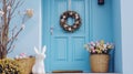 Blue front door decorated with spring wreath Royalty Free Stock Photo