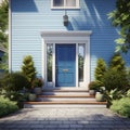 Blue front door with glass on both sides with potted plants decoration