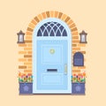 Blue front door on the yellow brick wall with two pots with plants and lanterns. Vector building element. Cartoon house