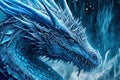 Blue frost giant dragon with scales on winter background. Mythological creature. Generative AI