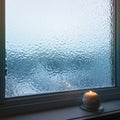 Blue frosted window and cozy candlelight