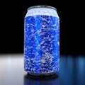 Blue frozen aluminum beer or soda can with frost isolated on black background