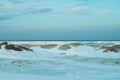 Blue frozen lake with the sky. winter landscape. horizon line