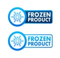 Blue frozen product and snowflake icon, label. Fresh frozen. Food logo. Vector stock illustration.