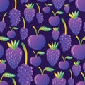 Blue fruit seamless pattern with grape, Blackberries and blueberry isolated on purple background