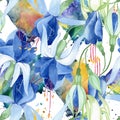 Blue fuchsia. Floral botanical flower. Watercolour drawing fashion aquarelle isolated. Seamless background pattern.