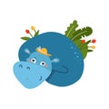 Blue funny hippo animal with summer palm tropical leaves. Childish concept for your paper textile design. Flat hand drawn vector