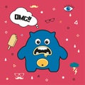 Blue funny monster OMG on a red background with hipster elements