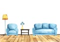 Blue furniture set of armchair and sofa with coffee table between with vase of flowers on it and yellow torchiere. Bright