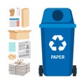 Blue garbage can with paper elements Royalty Free Stock Photo