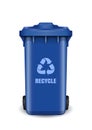 Blue garbage can with waste recycling symbol