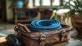 Blue Garden Hose in Brown Leather Carry Bag Royalty Free Stock Photo