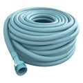Blue garden hose rolled up in spiral
