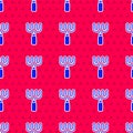 Blue Garden rake icon isolated seamless pattern on red background. Tool for horticulture, agriculture, farming. Ground Royalty Free Stock Photo