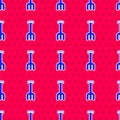 Blue Garden rake icon isolated seamless pattern on red background. Tool for horticulture, agriculture, farming. Ground Royalty Free Stock Photo